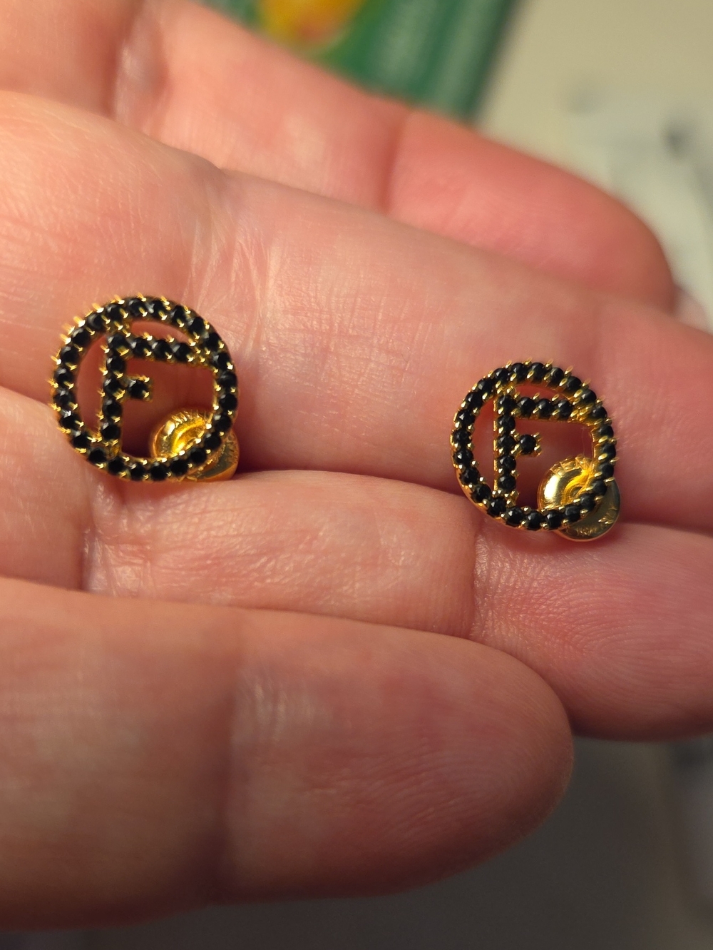 Fendi Gold-Tone Black Crystal 'F' Logo Stud Earrings, Great Condition - Picture 5 of 6